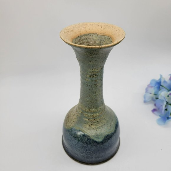 North Carolina Pottery Chalice or Candle Holder Sandra Baker Moore Blue Beige - Picture 4 of 10